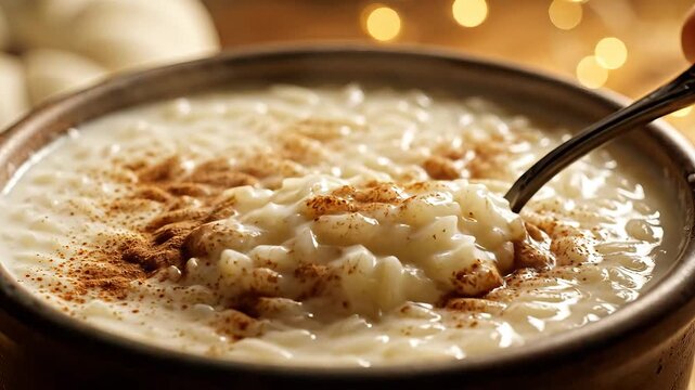 A closeup shot of a spoon scooping a creamy delicious rice pudding dessert from a rustic bowl generously topped with aromatic cinnamon and crunchy pine nuts creating a warm and inviting culinary expe.