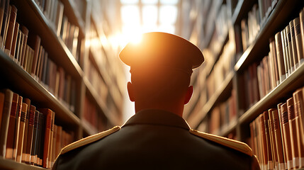 An academic in uniform stands amidst towering shelves of knowledge in a library. The light of learning casts long shadows and promises insights into the vast literary landscape.