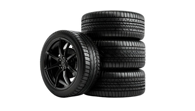 Stack of black car tires with a focus on tread pattern and rim details on a dark background