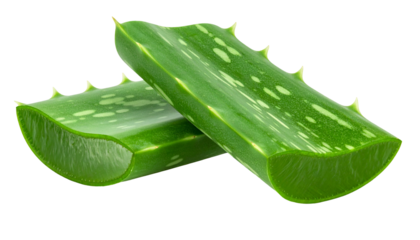 Close-up of two sliced, vibrant green succulent leaves, showcasing gel and textures