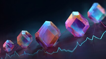 Iridescent gemstones bouncing on a financial graph with rising trend line, colorful crystal tokens on dark background