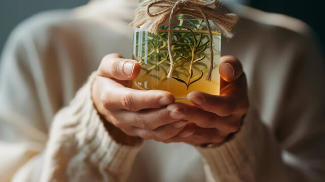 Hands holding a glass jar with fresh rosemary infused oil tied with natural twine, showing herbal wellness, simplicity, and calm natural care