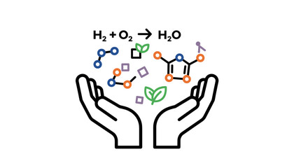 Fototapeta premium Hands holding chemical reaction formula and molecular symbols illustration, 