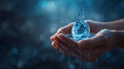 A close-up shot of cupped hands holding a sparkling, translucent water droplet, with a blurred natural background