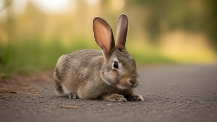 Fototapeta premium Cute wild rabbit lying on a paved path outdoors with blurred natural background