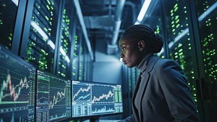 Serious Data Analyst Woman Examining Charts in a Server Room - Powered by Adobe