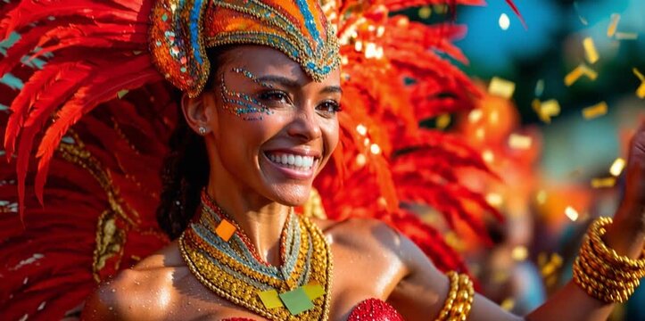 Beautiful Brazilian woman celebrating carnival in the streets of Brazil