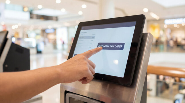 Buy now pay later installment payment option displayed on retail point of sale touchscreen terminal enabling flexible consumer purchasing and deferred financing