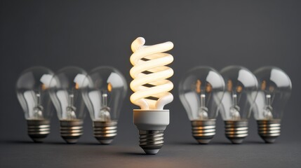 Illuminated lightbulb stands out from a group of unlit bulbs, symbolizing innovation and unique concepts on a gray background
