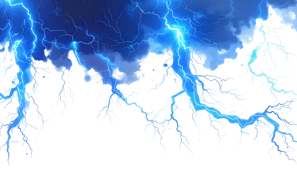 Dramatic depiction of a powerful storm, blue lightning striking across a dark cloudy sky