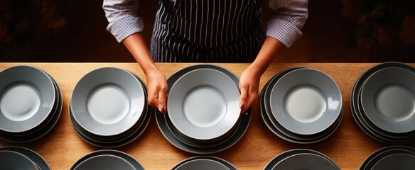 a careful person arranging elegant plates and shiny silverware on the dining table before meal