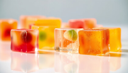 Colorful Fruit Jelly Cubes with Embedded Fruit Pieces on White Background
