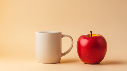 A still life with a white mug and a red apple against a neutral beige background. The arrangement is simple, highlighting the contrasting colors and textures of the items.