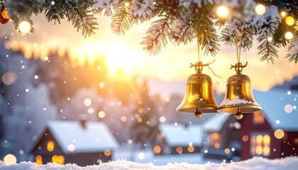 A scenic winter scene with snow-covered houses, golden bells, and evergreen branches illuminated by warm sunlight