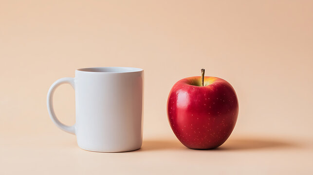 A minimalist still life featuring a stark white mug and a vibrant red apple, set against a soft pastel backdrop. The composition is clean, simple, and visually appealing. - Powered by Adobe