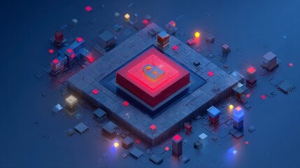 Isometric digital abstract design. Cubes, squares, circuits, and a central secure lock icon highlight the themes of security and data