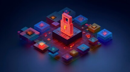 Isometric representation of data security, featuring a glowing padlock surrounded by interconnected digital blocks on a circuit board, emphasizing protection