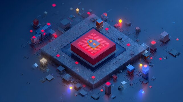 Isometric digital abstract design. Cubes, squares, circuits, and a central secure lock icon highlight the themes of security and data - Powered by Adobe