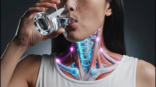 Close-up of a woman drinking water, featuring a detailed digital x-ray visualization of her glowing blue cervical spine and throat anatomy against a gray studio background.