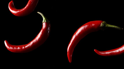 A fiery arrangement of red chili peppers set against a stark black backdrop, showcasing their vibrant color and unique shapes for a hot and spicy culinary adventure.
