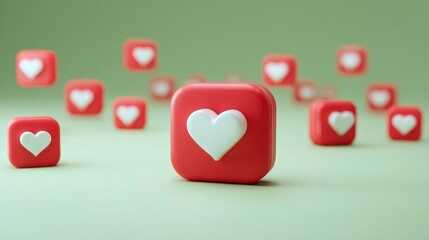 A 3D rendered scene features various red, rounded square buttons, each with a white heart, floating on a green background