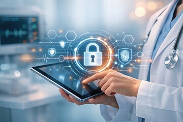 Medical professional using digital tablet for secure data management with high tech cybersecurity features representing integrity and trust in the healthcare sector