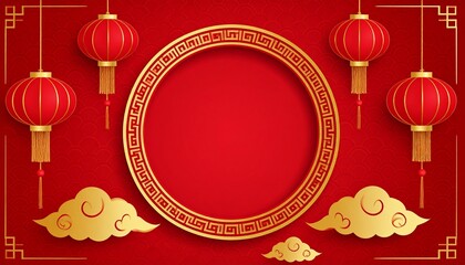 Chinese New Year Red 3D Circular Frame with Golden Lanterns Clouds and Prosperity Symbols