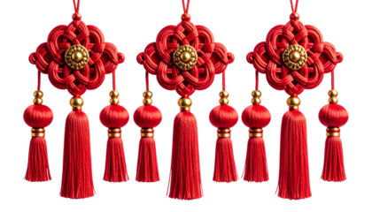 Three Red Chinese Knot Ornaments with Tassels for Festive Decoration