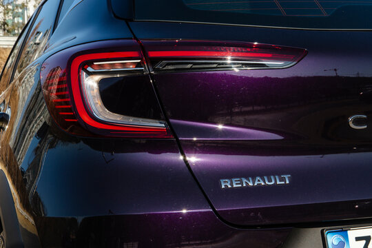 January 6, 2021, Seoul, South Korea - A close-up of the rear taillight and logo of a purple Renault Captur car.