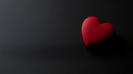 A vivid red heart sits on a dark canvas, symbolizing love, passion, and emotion. A stark contrast emphasizes the heart's shape and texture, drawing the eye to its powerful form.