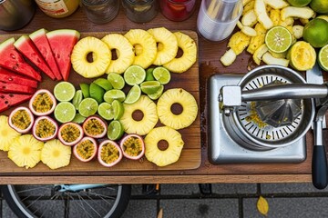 Vibrant fruit assortment on wooden cutting board at outdoor market