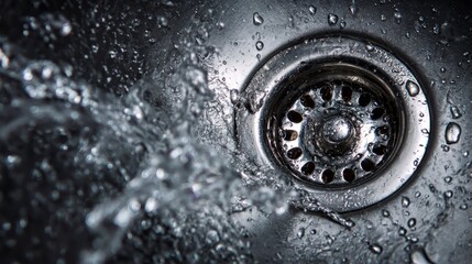 Close-up of water flowing forcefully into a circular metal drain, captured with high-speed photography, highlighting the splashing effect