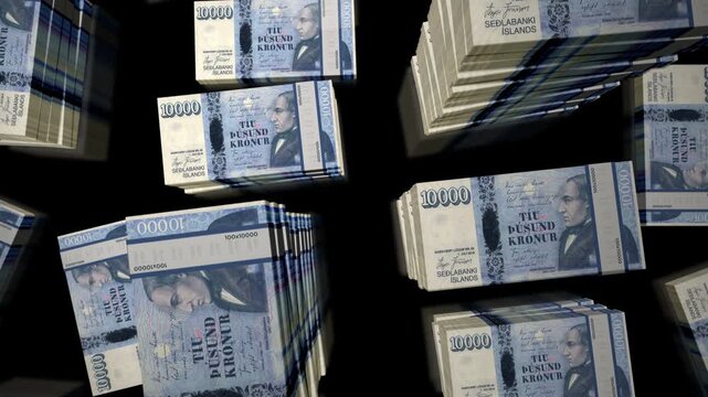 Iceland krona Icelandic money notes packs loop. 3D flight over 10000 ISK banknotes stacks towers. Loopable seamless abstract background concept of business, economy crisis and finance.
