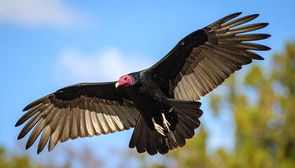 A majestic raptor with a distinctive red head soars gracefully against a bright blue sky, wings fully spread