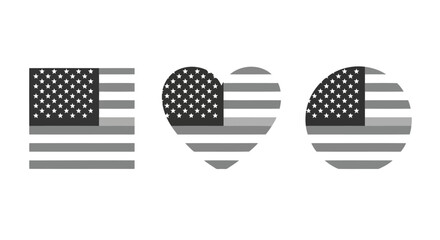 American flag heart shapes in grayscale, symbolizing patriotism and love for the country, isolated on