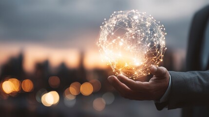 A person in a suit, holding a glowing digital sphere representing a network. Bokeh city background