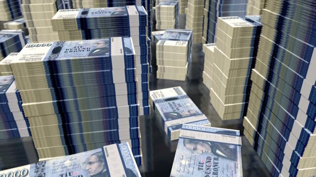 Iceland krona Icelandic money notes packs loop. 3D flight over 10000 ISK banknotes stacks towers. Loopable seamless abstract background concept of business, economy crisis and finance.