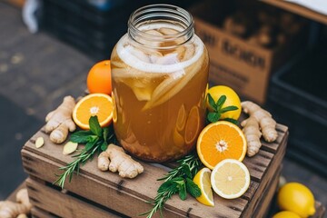 Refreshing kombucha drink with citrus fruits and ginger on wooden crate