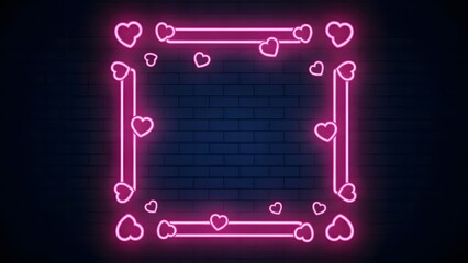 Neon pink frame with hearts and bones on black background