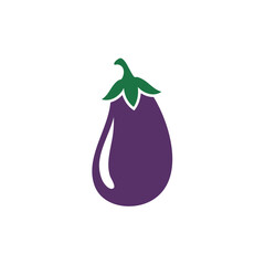 Simple purple eggplant illustration with green stem on white. A clean and modern image of a vegetable.