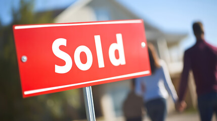 Home sweet home! A red 'Sold' sign stands proudly in front of a newly purchased house, symbolizing a couple's exciting new beginning. They walk hand in hand towards their future.