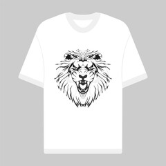 White men's t-shirt, white t-shirt icon with a lion head print, white t-shirt on a gray background. Vector, cartoon illustration, poster, postcard.