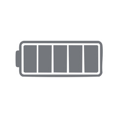 Full battery icon showing a charged power level in gray, indicating energy supply, digital resource charging symbol, and a technological device component