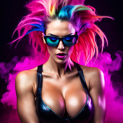Sexy Cyberpunk Woman with Colorful Dreadlocks and Huge Bust