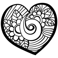 Outline heart with fantasy patterns, coloring page with swirl, flowers and stripes