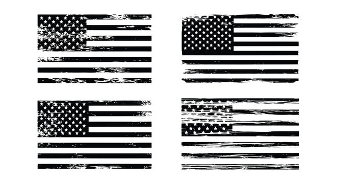 Four black and white american flag designs with distressed and grunge textures, vector illustration