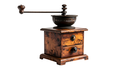 Vintage manual coffee grinder, wooden box, handle, and drawer. On black background