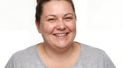 Obraz premium Warm smile and positive emotion: A cheerful and friendly person radiates genuine happiness, emanating warmth and positivity, her eyes conveying a sincere and inviting demeanor.