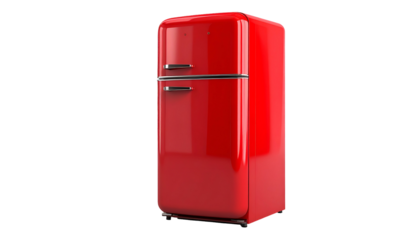 A shiny red, retro-style refrigerator with chrome handles and a sleek, rounded design