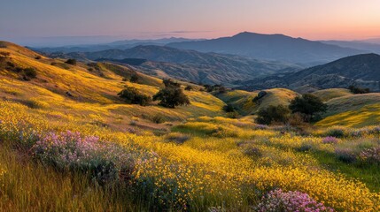 Fototapeta premium A breathtaking landscape bathed in the warm glow of dusk. Rolling hills covered in vibrant wildflowers stretch toward majestic mountains